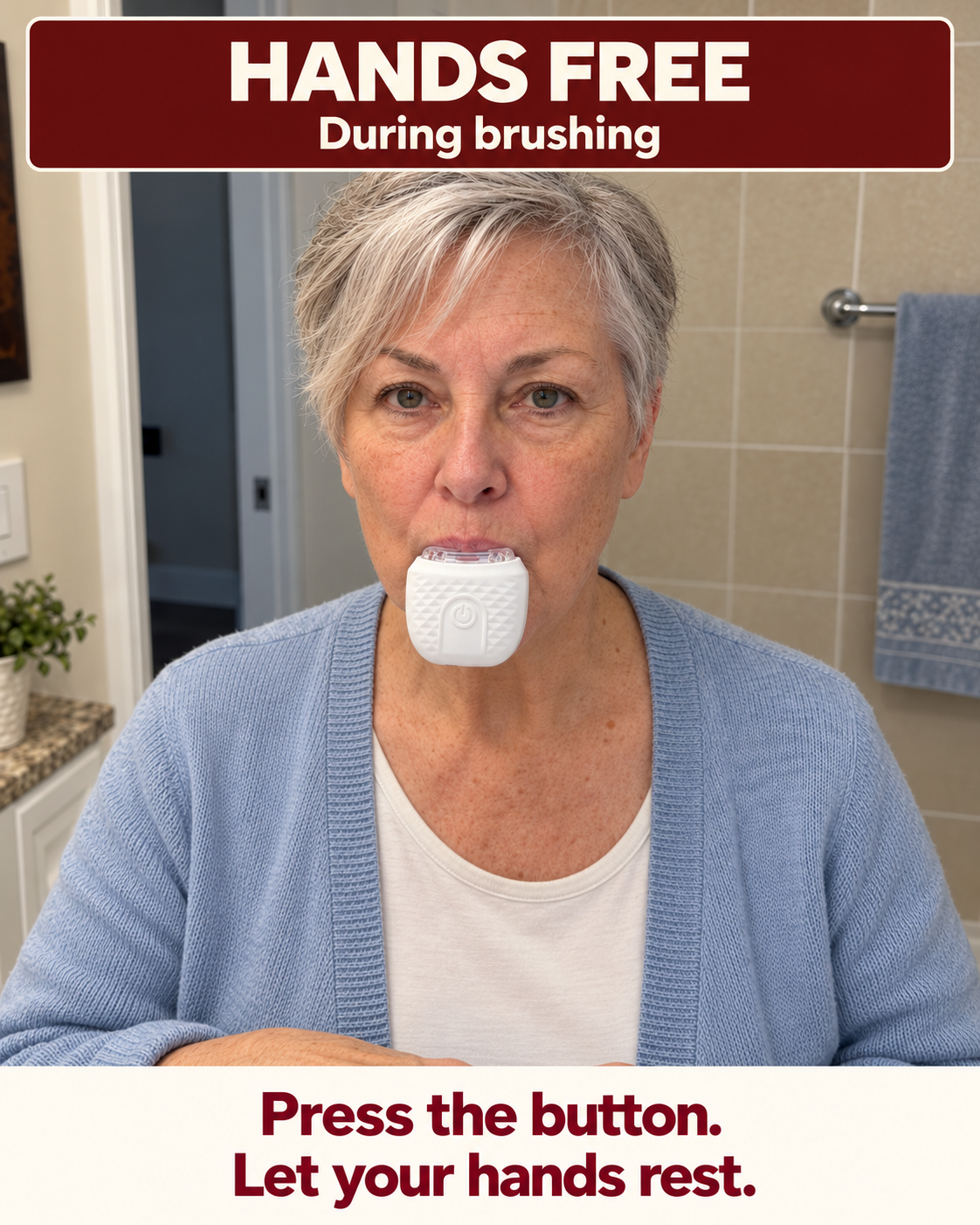 Illustration of an older woman using Dentarel U Brush with her hands resting during brushing.