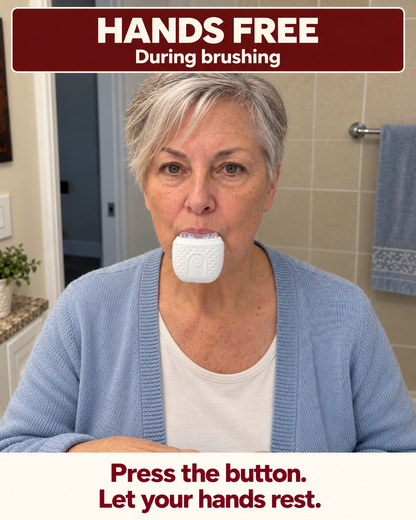 Illustration of an older woman using Dentarel U Brush with her hands resting during brushing.