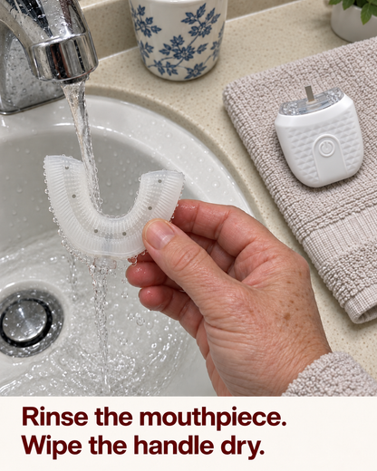 Illustrated steps for rinsing the removable U Brush mouthpiece and caring for the handle.