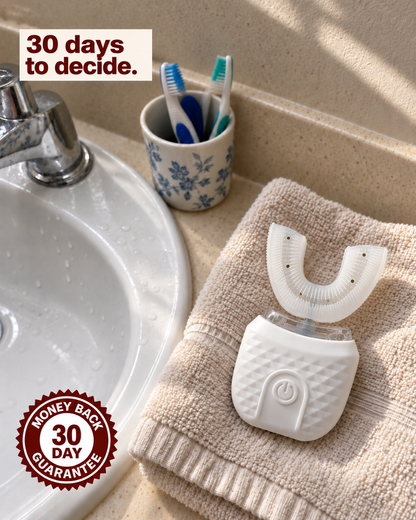 Dentarel U Brush beside the sink with 30 days to decide and a 30 day money back guarantee.