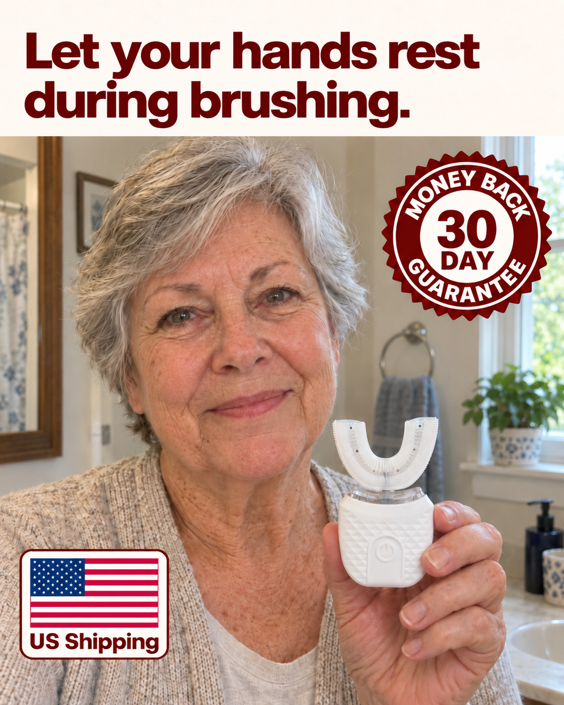 Illustrative lifestyle image of an older woman holding Dentarel U Brush, with a hands free brushing headline and shipping and guarantee badges.