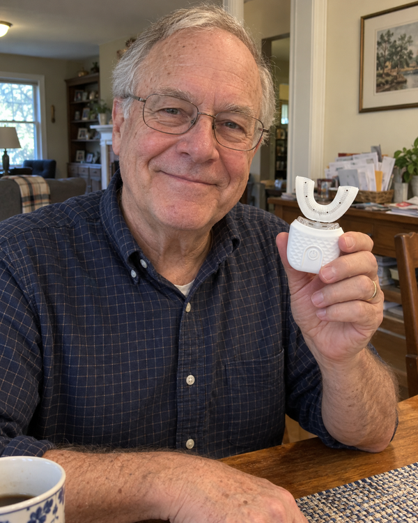 AI-generated lifestyle image of an older adult holding U Brush