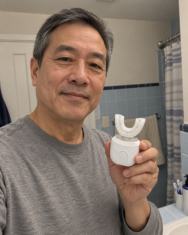 AI-generated lifestyle image of an older adult holding U Brush