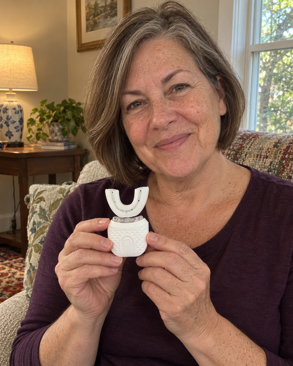 AI-generated lifestyle image of an older adult holding U Brush