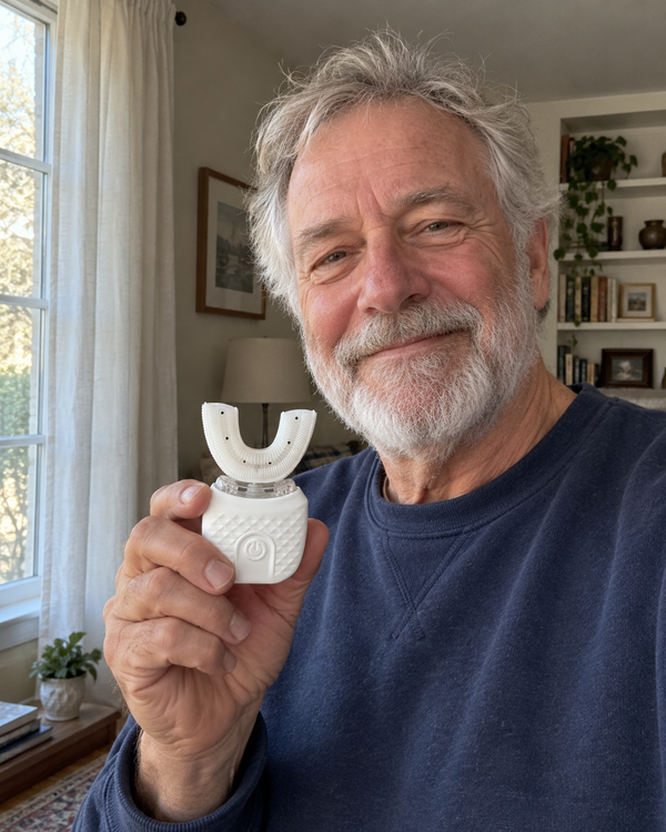 AI-generated lifestyle image of an older adult holding U Brush
