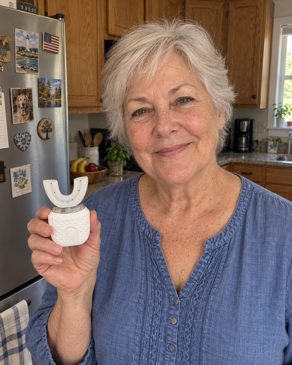 AI-generated lifestyle image of an older adult holding U Brush