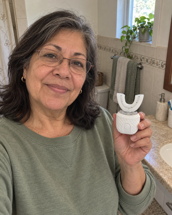 AI-generated lifestyle image of an older adult holding U Brush